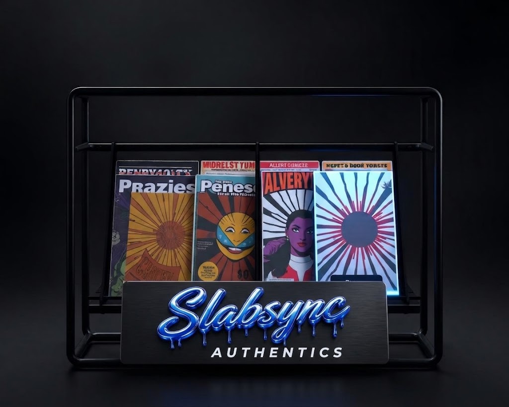 Slabsync retail display rack with a glowing blue NFC-enabled comic case
