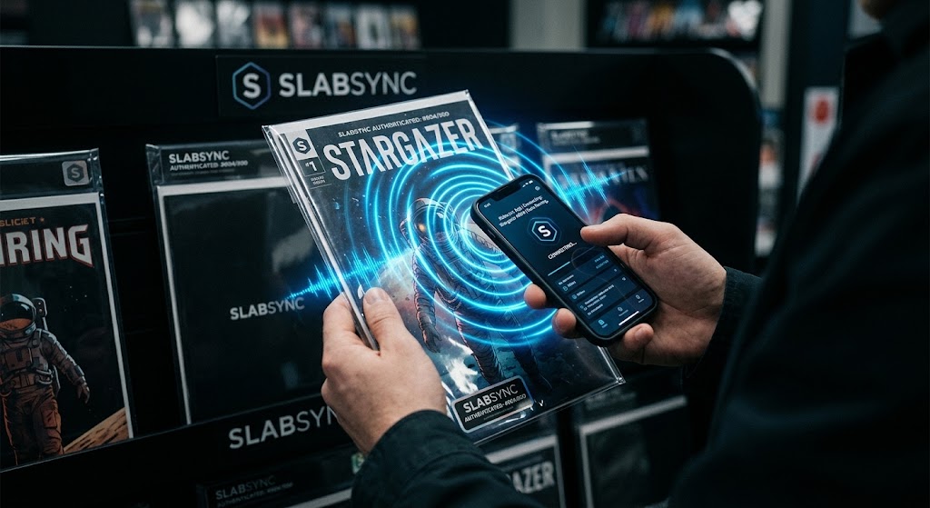 Customer buying a Slabsync-authenticated comic at a retail rack