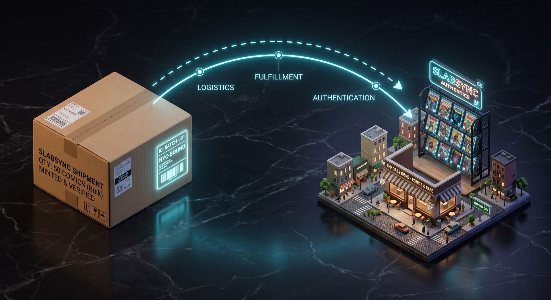 Slabsync bulk shipment logistics and satellite display network