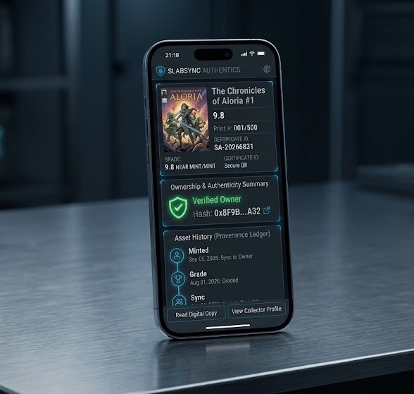Slabsync asset security dashboard on a phone showing verified ownership and provenance history