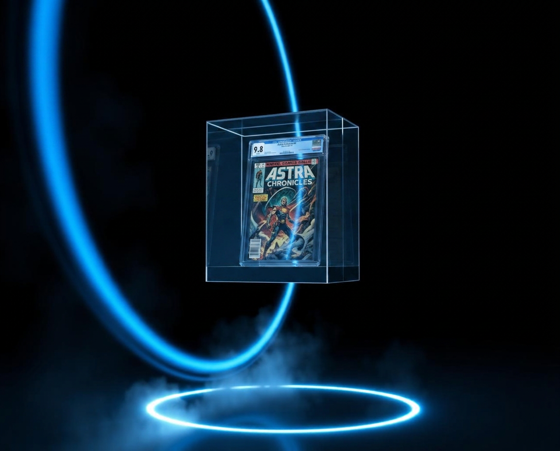 Graded comic slab hovering in dark space with a glowing pulse around its NFC tag